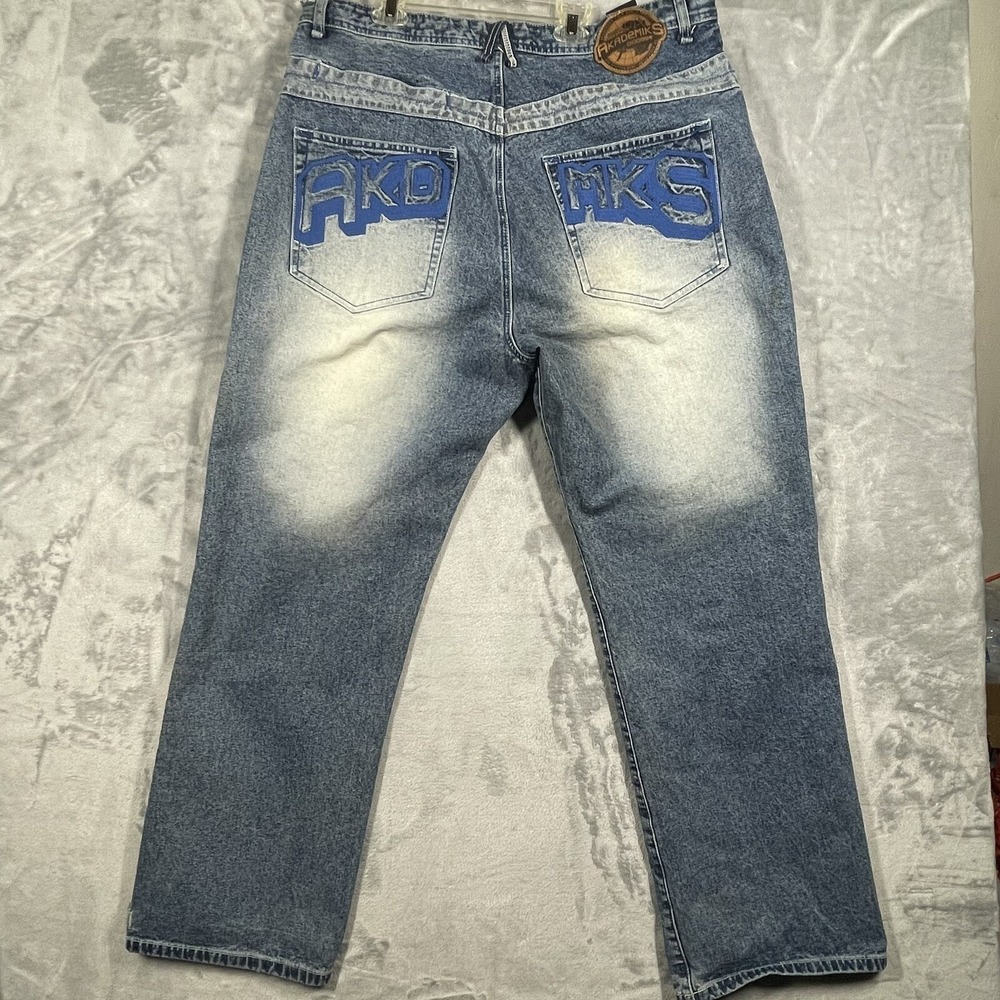 Akademiks Vintage Baggy Y2K Embroidered Logo Blue Wash Denim Jeans Mens 38